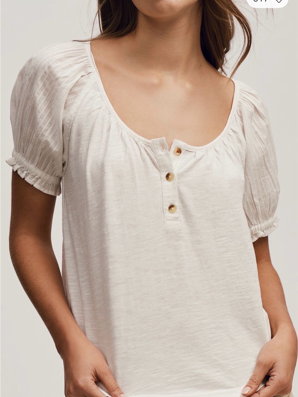 Pilcro White Puff-Sleeve Scoop-Neck Henley Tee